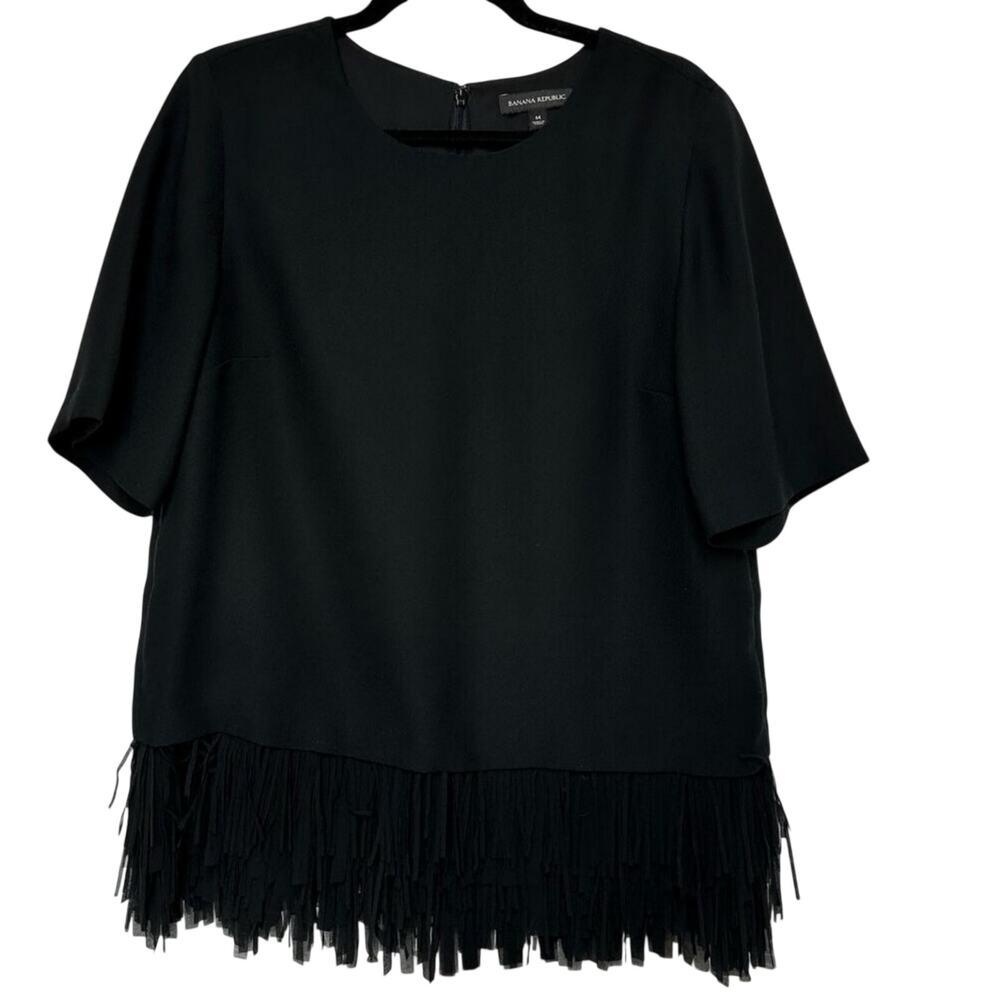 Banana Republic Crepe Fabric Fringe Peplum Hem Blouse M Black Soft Goth